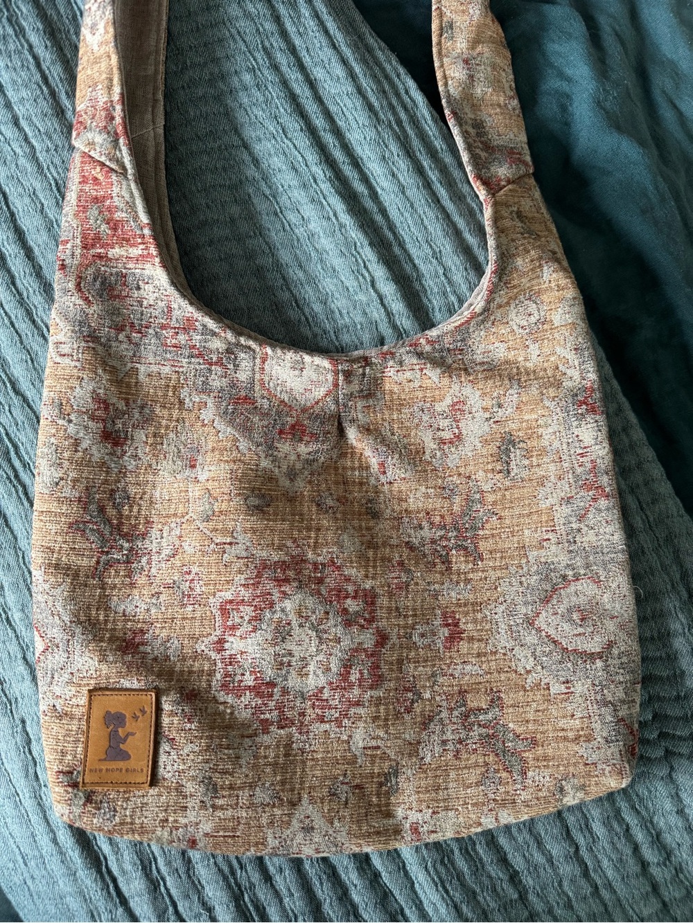 Boho Floral Tapestry Shoulder Bag in Beige and Rust - Unknown Brand